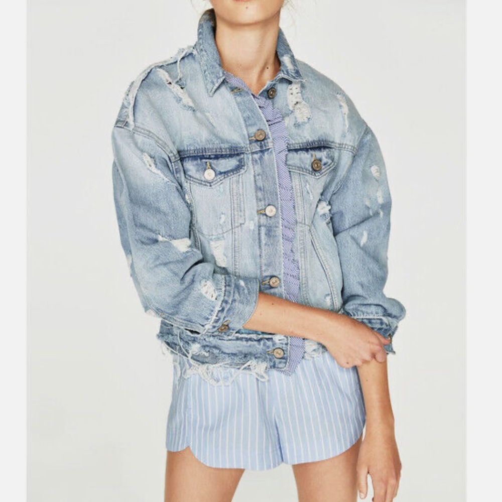 Zara Ripped Denim Jean Jacket